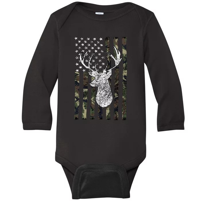 Whitetail Buck Deer Hunting American Camouflage Usa Flag Baby Long Sleeve Bodysuit