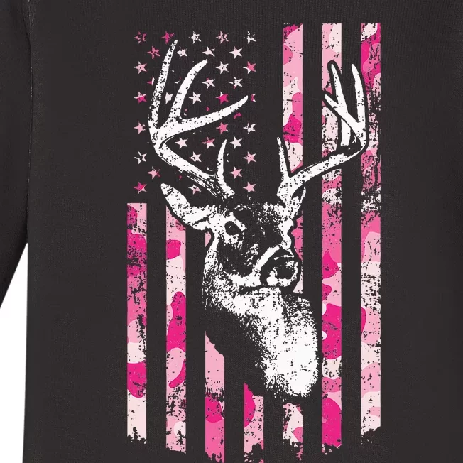 Whitetail Buck Deer Hunting Camo American Flag Baby Long Sleeve Bodysuit