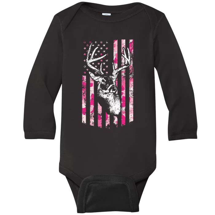 Whitetail Buck Deer Hunting Camo American Flag Baby Long Sleeve Bodysuit