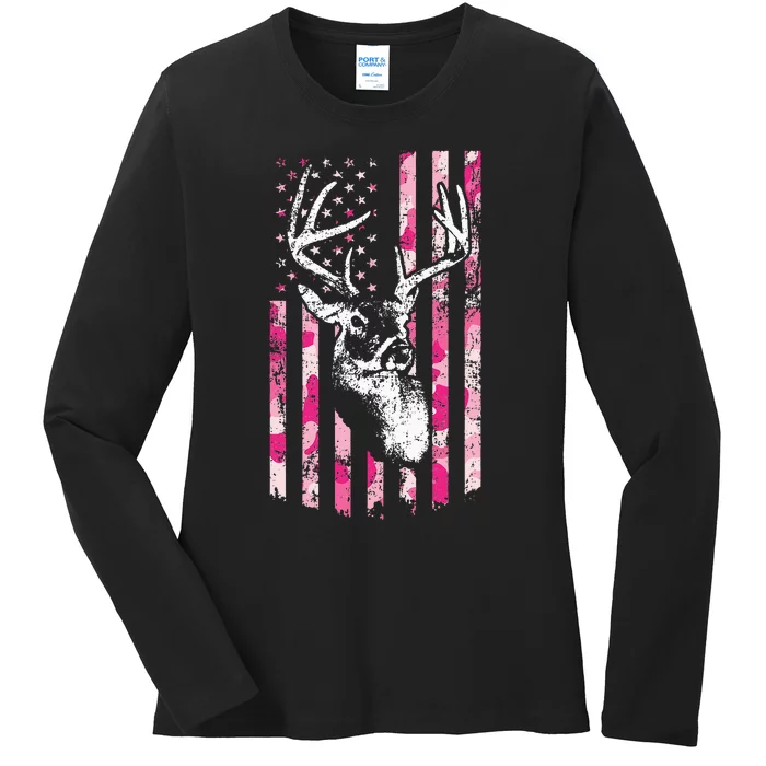 Whitetail Buck Deer Hunting Camo American Flag Ladies Long Sleeve Shirt