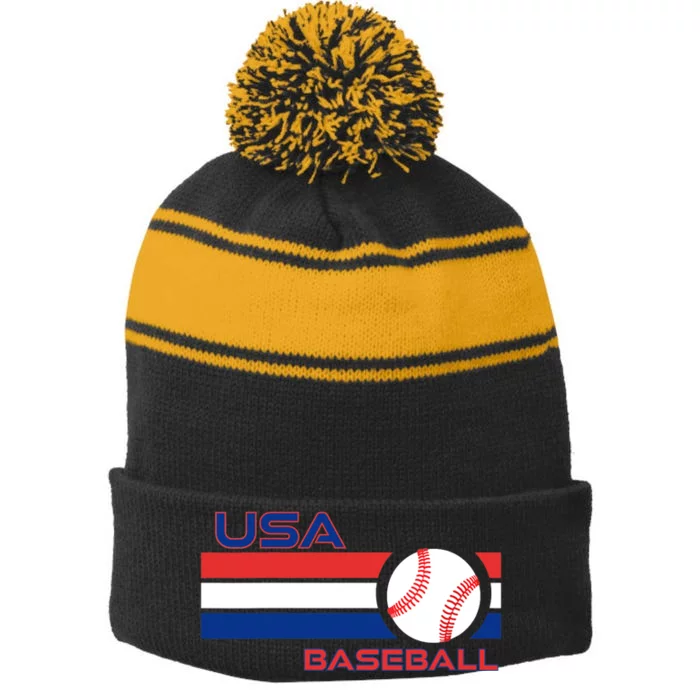 Wo Ball Dad Love USA Professional Baseball American Flag Themed V-Neck Stripe Pom Pom Beanie