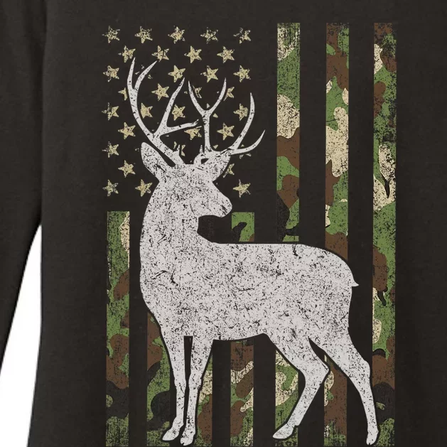 Whitetail Buck Deer Hunting American Camouflage USA Flag Womens CVC Long Sleeve Shirt