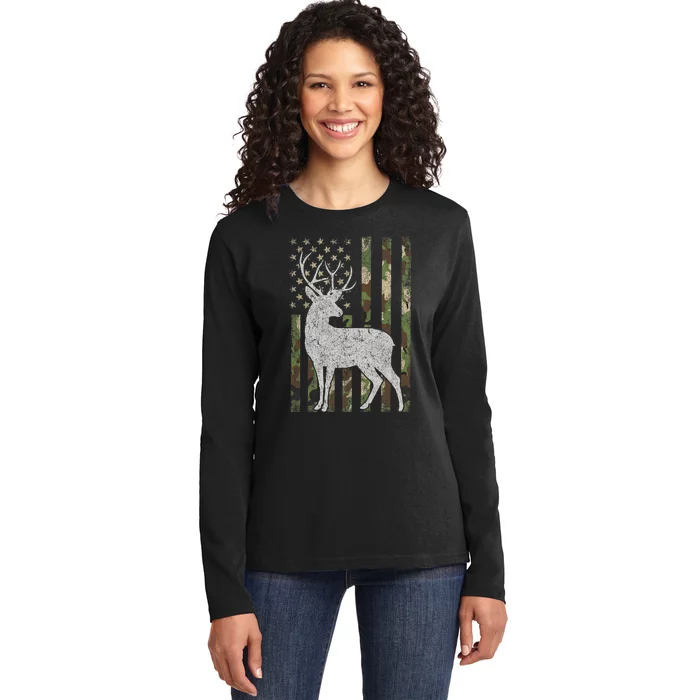 Whitetail Buck Deer Hunting American Camouflage USA Flag Ladies Long Sleeve Shirt