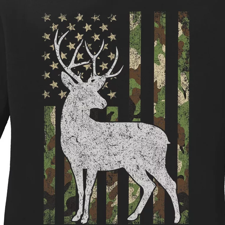 Whitetail Buck Deer Hunting American Camouflage USA Flag Ladies Long Sleeve Shirt