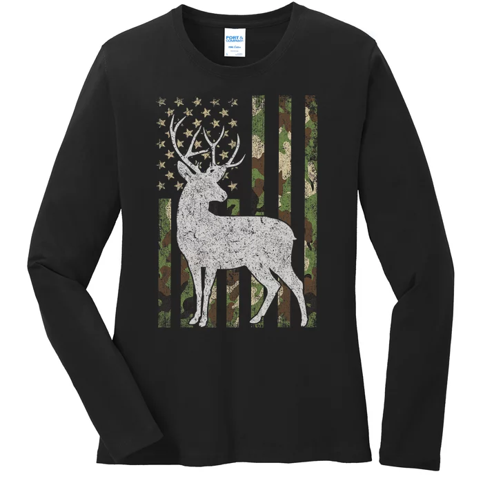 Whitetail Buck Deer Hunting American Camouflage USA Flag Ladies Long Sleeve Shirt