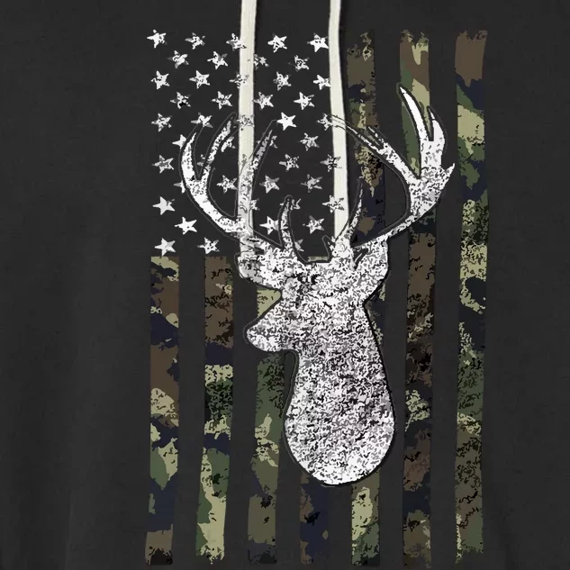 Whitetail Buck Deer Hunting American Camouflage USA Flag Garment-Dyed Fleece Hoodie