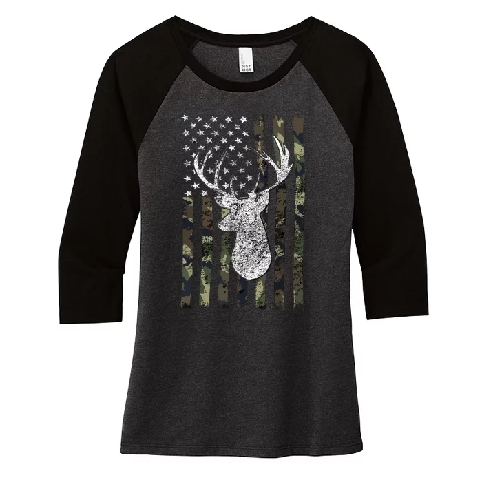 Whitetail Buck Deer Hunting American Camouflage USA Flag Women's Tri-Blend 3/4-Sleeve Raglan Shirt