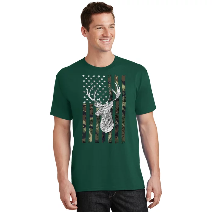 Whitetail Buck Deer Hunting American Camouflage USA Flag T-Shirt