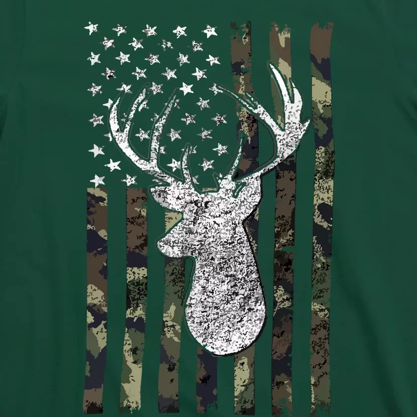 Whitetail Buck Deer Hunting American Camouflage USA Flag T-Shirt