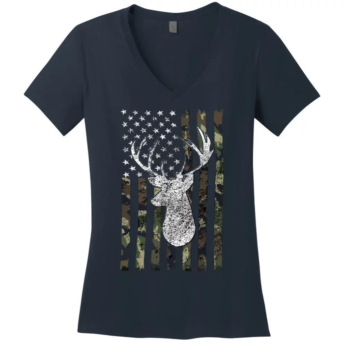 Whitetail Buck Deer Hunting American Camouflage USA Flag Women's V-Neck T-Shirt