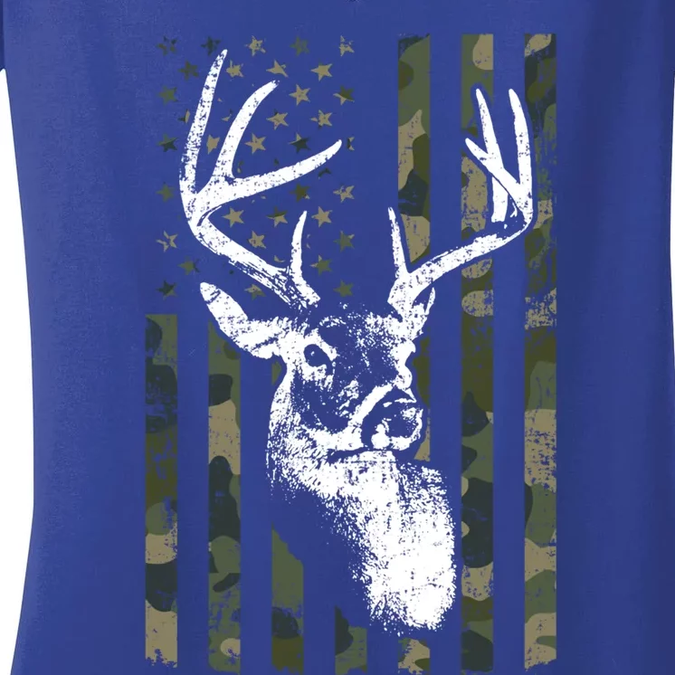 Whitetail Buck Deer Hunting Usa Camouflage Flag Funny Gift Women's V-Neck T-Shirt