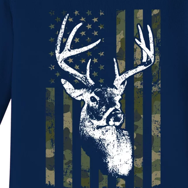 Whitetail Buck Deer Hunting Usa Camouflage Flag Funny Gift Baby Long Sleeve Bodysuit