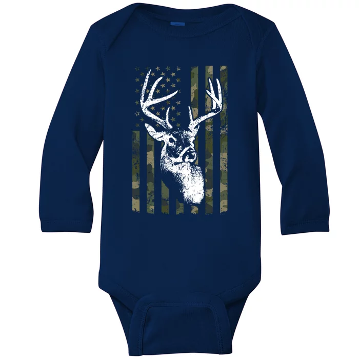 Whitetail Buck Deer Hunting Usa Camouflage Flag Funny Gift Baby Long Sleeve Bodysuit