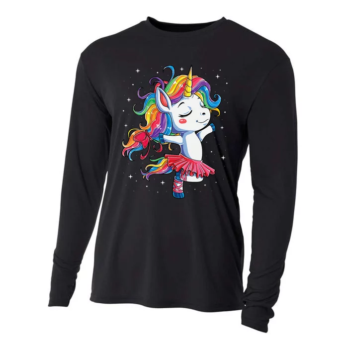 Womens Ballet Dancer Unicorn Ballerina Funny Women Rainbow Unicorns Cooling Performance Long Sleeve Crew