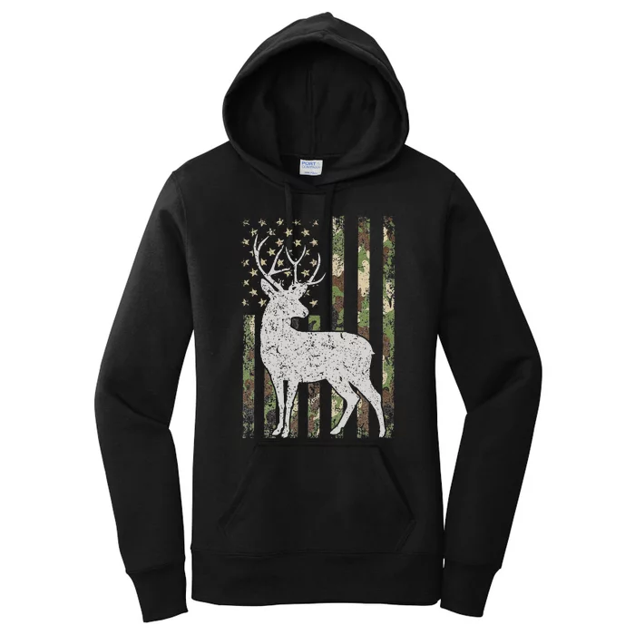 Whitetail Buck Deer Hunting American Camouflage USA Flag Women's Pullover Hoodie