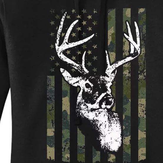 Whitetail Buck Deer Hunting USA Camouflage American Flag Women's Pullover Hoodie