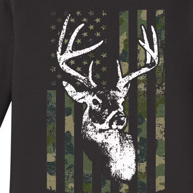 Whitetail Buck Deer Hunting USA Camouflage American Flag Baby Long Sleeve Bodysuit