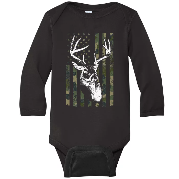 Whitetail Buck Deer Hunting USA Camouflage American Flag Baby Long Sleeve Bodysuit