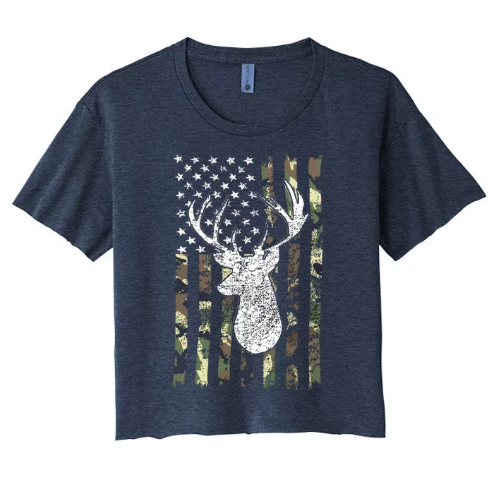 Whitetail Buck Deer Hunting American Camouflage USA Flag Women's Crop Top Tee