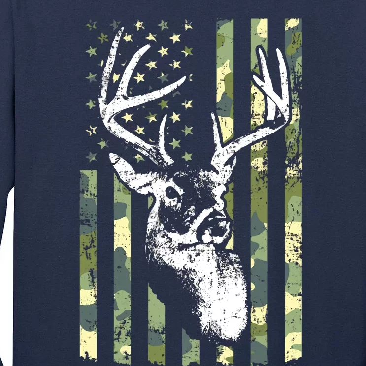 Whitetail Buck Deer Hunting USA Camouflage American Flag Tall Long Sleeve T-Shirt