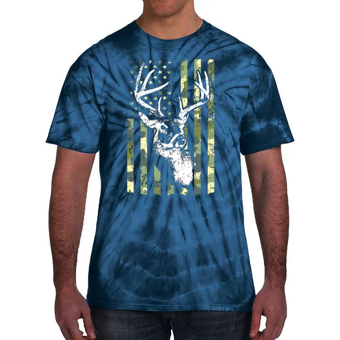 Whitetail Buck Deer Hunting USA Camouflage American Flag Tie-Dye T-Shirt