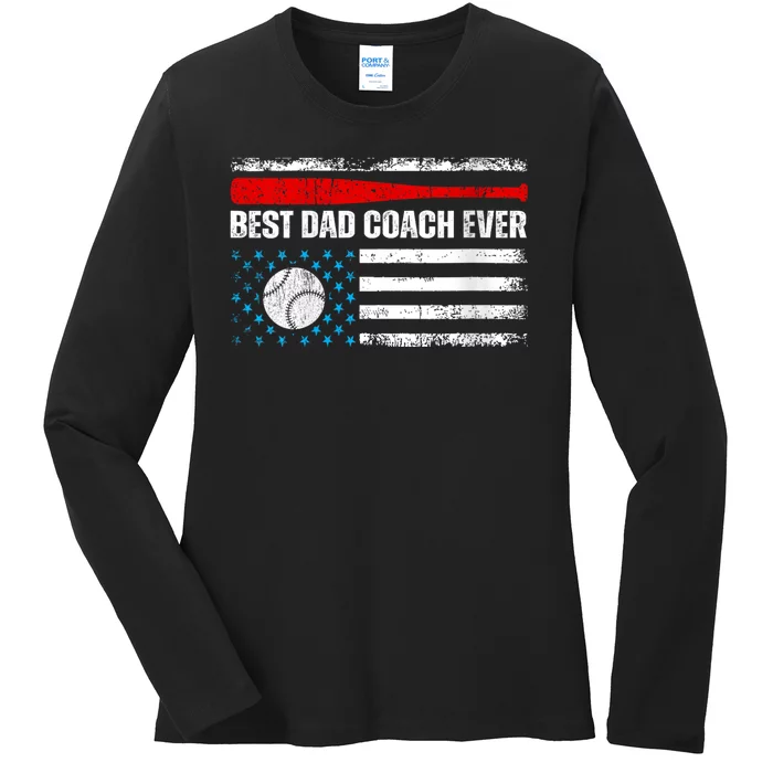 Womens Best Dad Coach Ever Fathers Day USA Day Vintage Baseball Ladies Long Sleeve Shirt