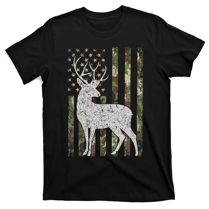 Whitetail Buck Deer Hunting American Camouflage Usa Flag T-Shirt