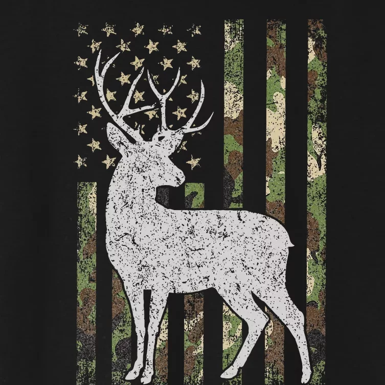 Whitetail Buck Deer Hunting American Camouflage Usa Flag Women's Crop Top Tee