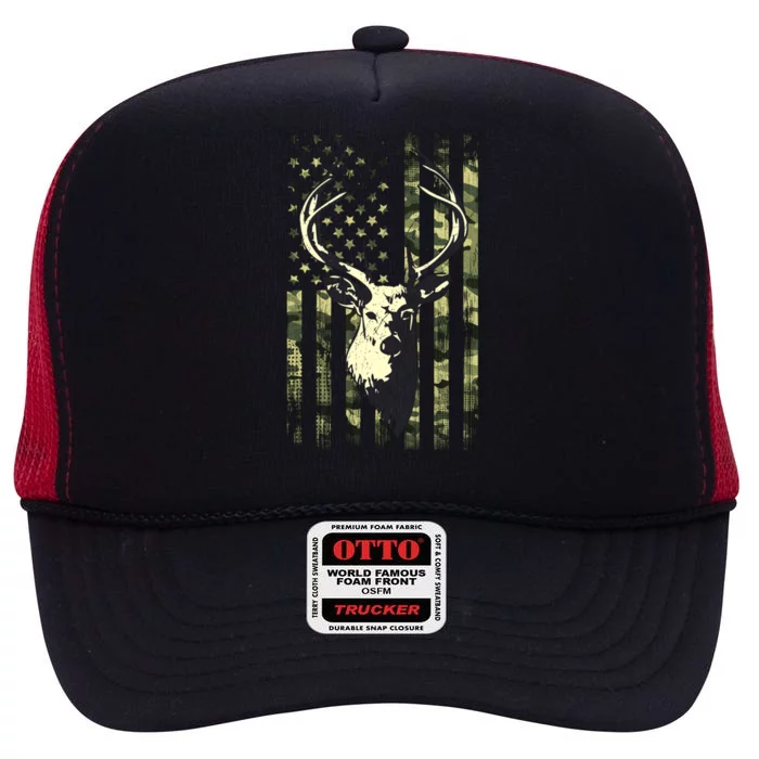 Whitetail Buck Deer Hunting American Flag Camouflage Hunter Gift High Crown Mesh Trucker Hat