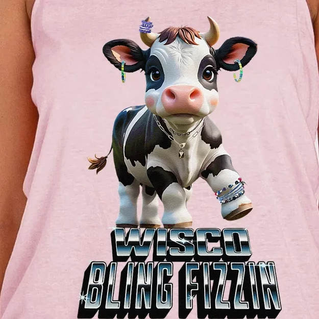 Wisco Bling Fizzin Cow Women's Knotted Racerback Tank