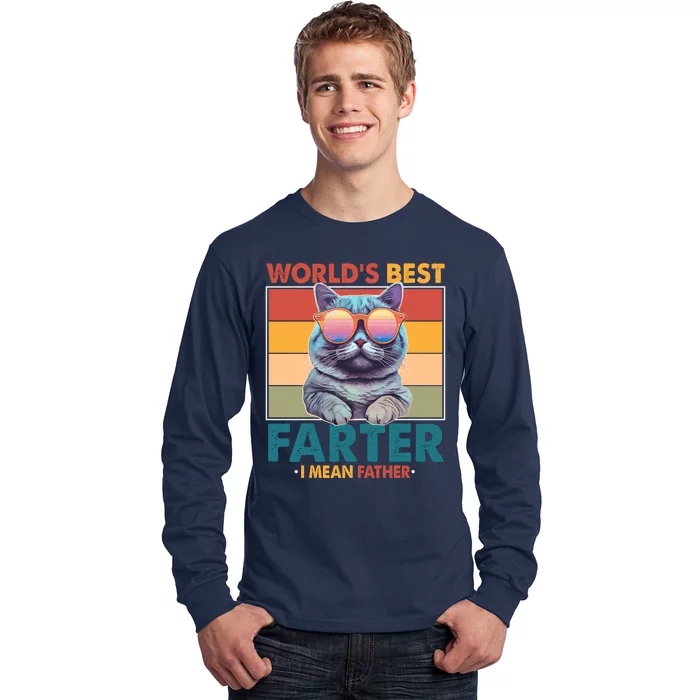 Worlds Best Farter I Mean Father Funny Retro Cat Long Sleeve Shirt