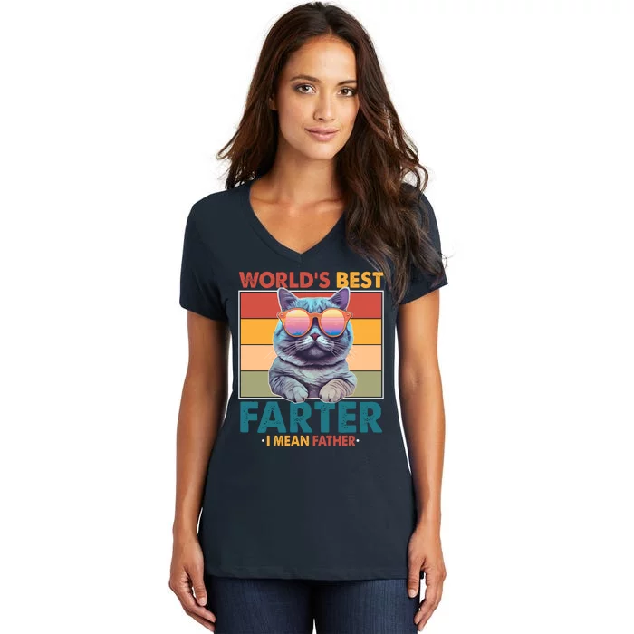 Worlds Best Farter I Mean Father Funny Retro Cat Women's V-Neck T-Shirt