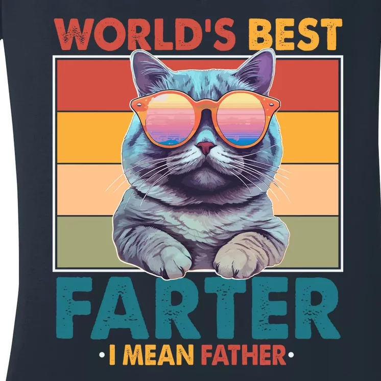 Worlds Best Farter I Mean Father Funny Retro Cat Women's V-Neck T-Shirt