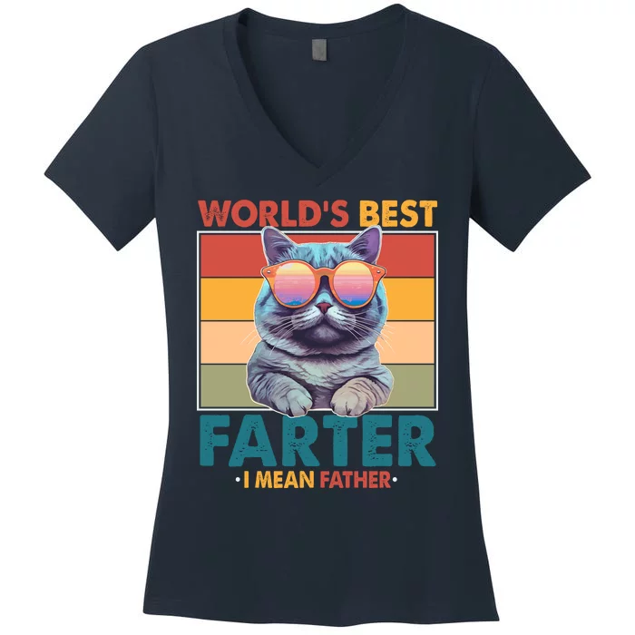 Worlds Best Farter I Mean Father Funny Retro Cat Women's V-Neck T-Shirt