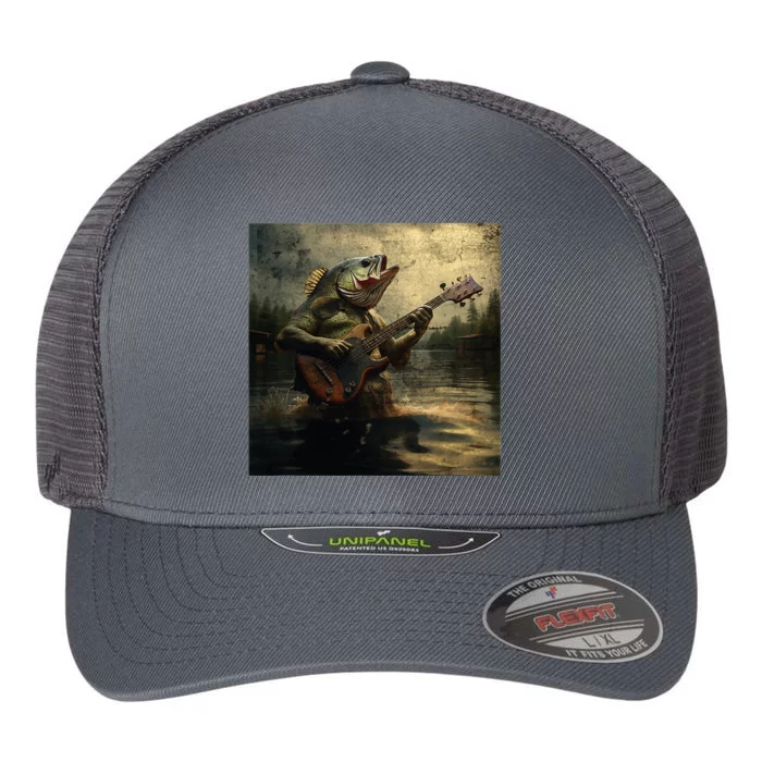 Weird Bass Fish Playing Bass Guitar Funny Cursed Meme Flexfit Unipanel Trucker Cap