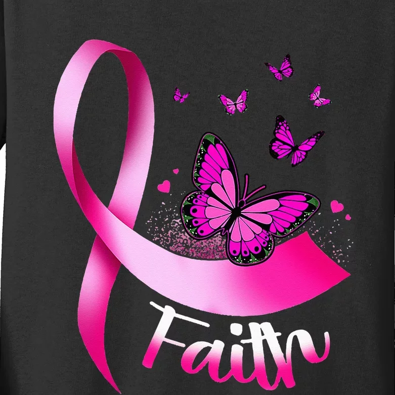 Woman Butterfly Faith Pink Ribbon Cancer Breast Awareness Kids Long Sleeve Shirt