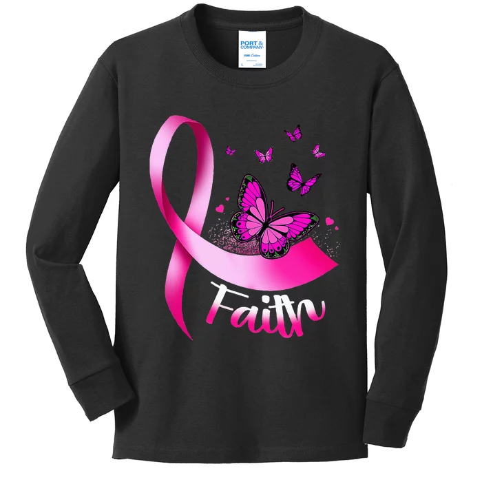 Woman Butterfly Faith Pink Ribbon Cancer Breast Awareness Kids Long Sleeve Shirt