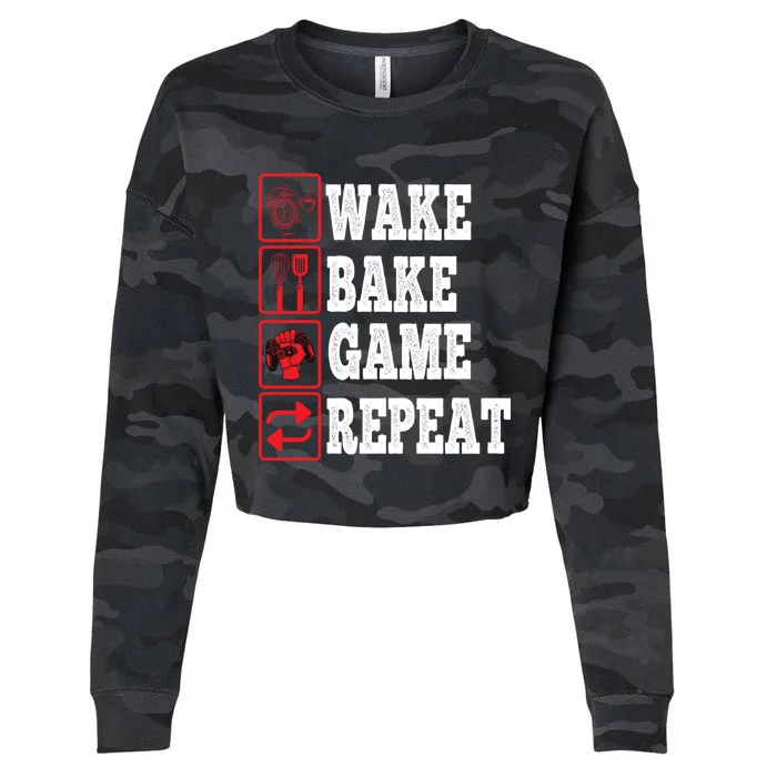 Wake Bake Game Repeat Gamer Design Gaming Symbols Funny Gift Cropped Pullover Crew