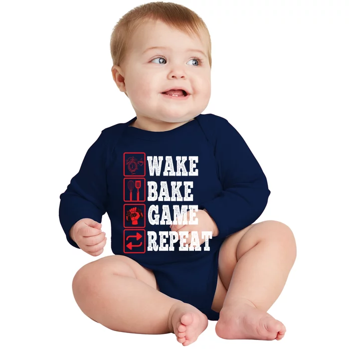 Wake Bake Game Repeat Gamer Design Gaming Symbols Funny Gift Baby Long Sleeve Bodysuit