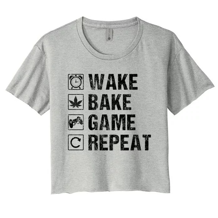 Wake Bake Game Repeat Video Game Weed Smoker Pot Gift Women's Crop Top Tee