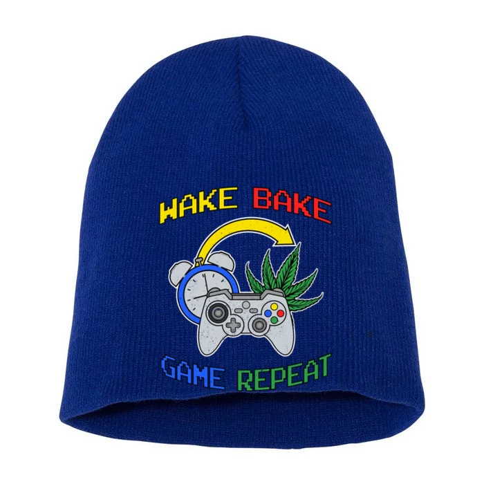 Wake Bake Game Repeat Weed Cannabis Smoker Gamer Gaming Great Gift Short Acrylic Beanie