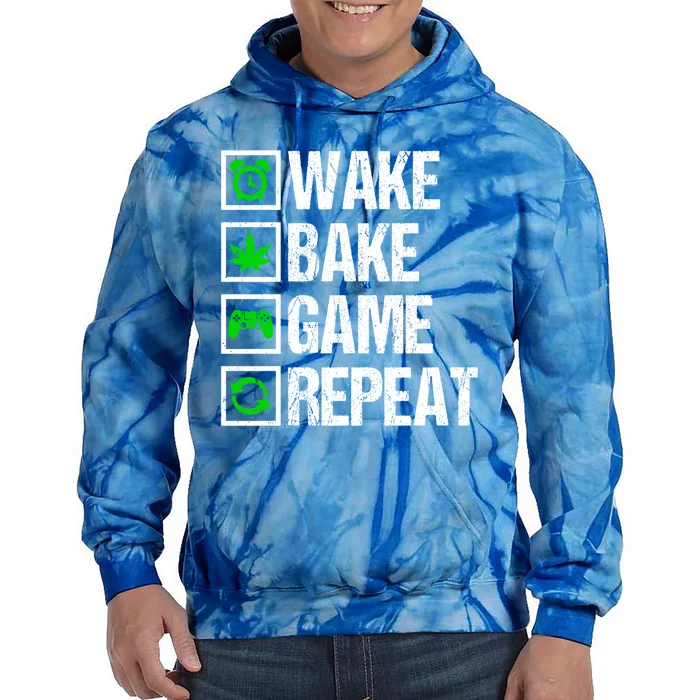 Wake Bake Game Repeat 420 Weed Cannabis Funny Gaming Gift Tie Dye Hoodie