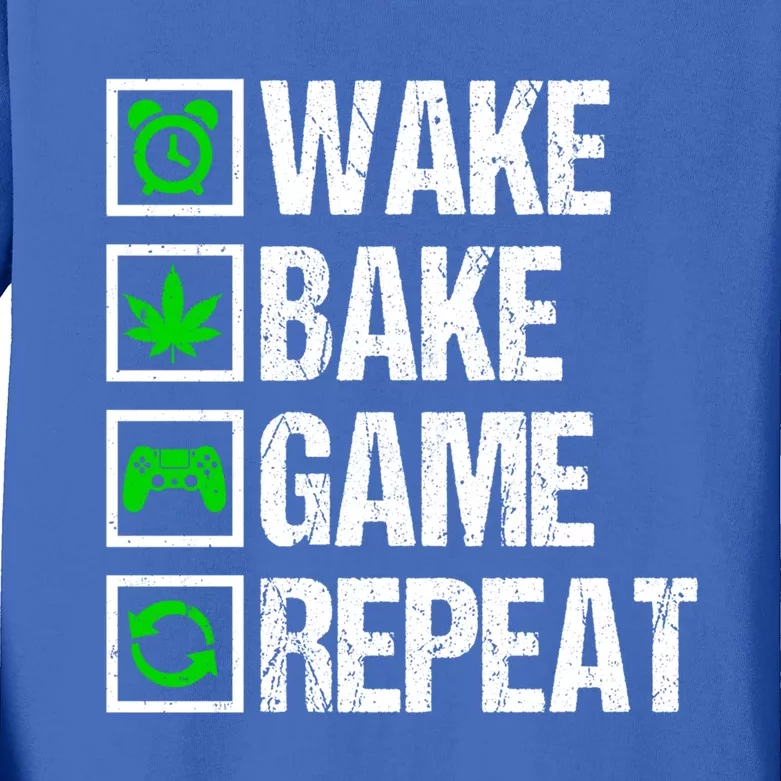 Wake Bake Game Repeat 420 Weed Cannabis Funny Gaming Gift Kids Long Sleeve Shirt