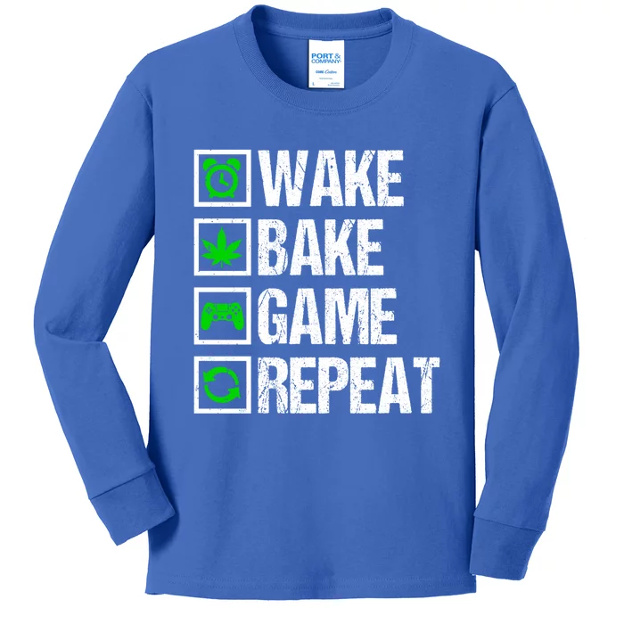 Wake Bake Game Repeat 420 Weed Cannabis Funny Gaming Gift Kids Long Sleeve Shirt