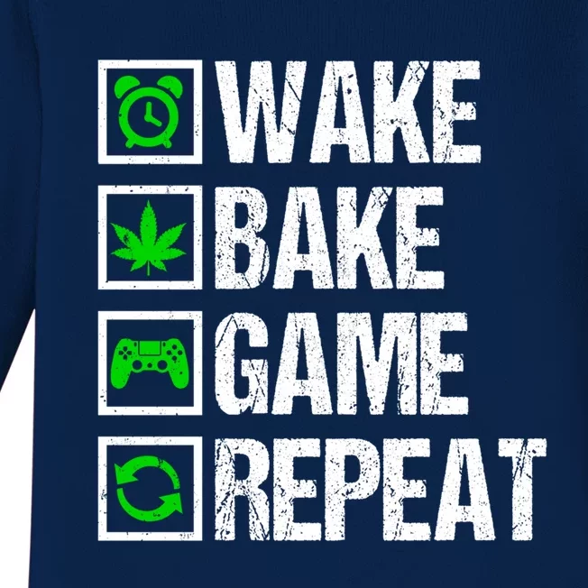 Wake Bake Game Repeat 420 Weed Cannabis Funny Gaming Gift Baby Long Sleeve Bodysuit