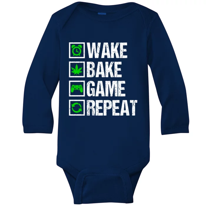 Wake Bake Game Repeat 420 Weed Cannabis Funny Gaming Gift Baby Long Sleeve Bodysuit