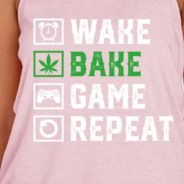 Wake Bake Game Repeat 420 Weed Cannabis Thc Stoner Gift Women's Knotted Racerback Tank