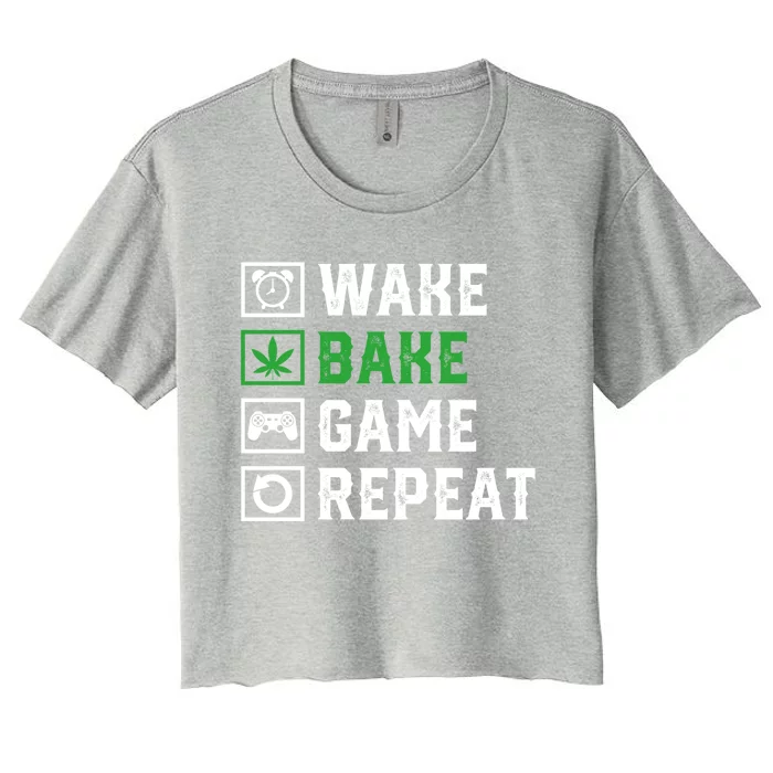 Wake Bake Game Repeat 420 Weed Cannabis Thc Stoner Gift Women's Crop Top Tee