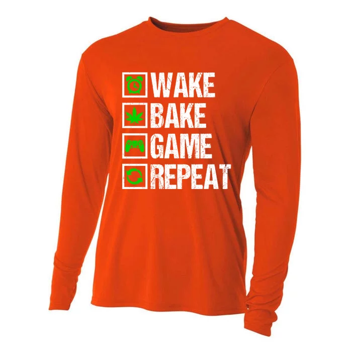 Wake Bake Game Repeat 420 Weed Cannabis Funny Gaming Gift Cooling Performance Long Sleeve Crew