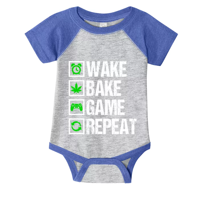 Wake Bake Game Repeat 420 Weed Cannabis Funny Gaming Gift Infant Baby Jersey Bodysuit